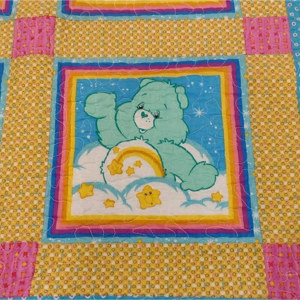 Handmade Care Bears Baby Crib Quilt Lap Blanket Wall Hanger Multi Color 43 X 32